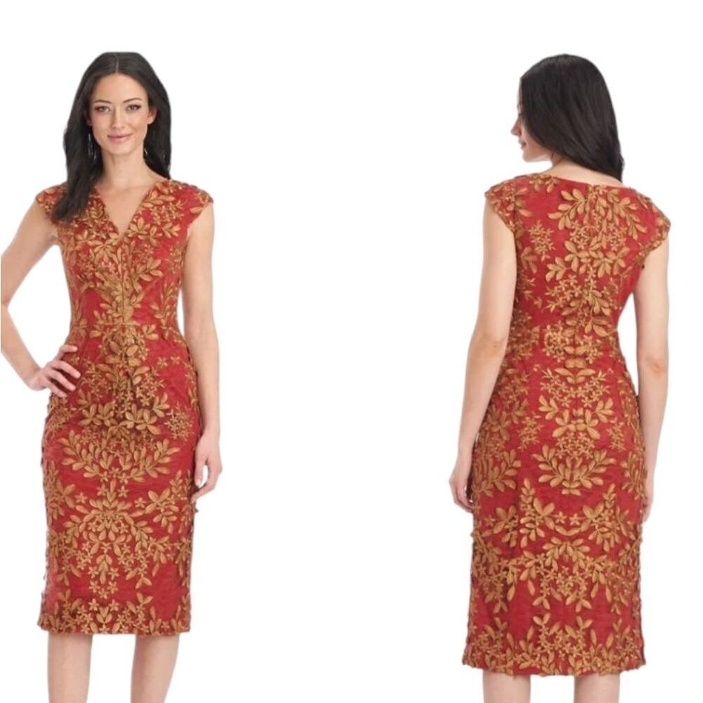 JS Collections WrenโMidi Length Dress Red Gold 3D Floral Overlay Size 4